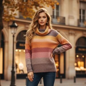 Striped Multicolor Cowl Neck Sweater Size Large